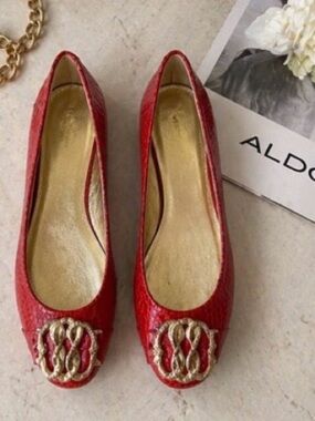 Aldo Red Embossed Ballet Flats with Gold Toe Emblem